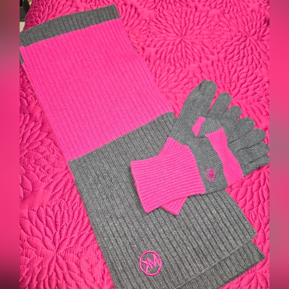 Michael Kors Pink and Gray Knit Scarf and Matching Gloves.